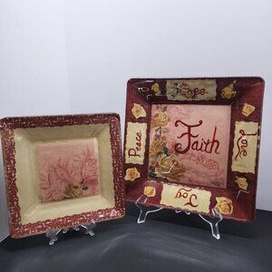 Handmade Unique Mod Podge Square Glass Plates Set Maroon "FAITH" Design